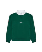Green sweatshirt with white collar and visible brand logo on a white background
