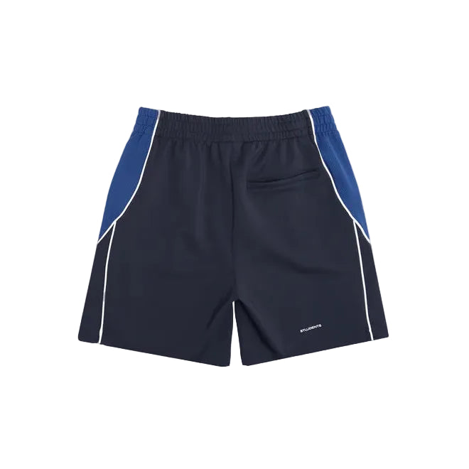 Black shorts with blue accents on a white background