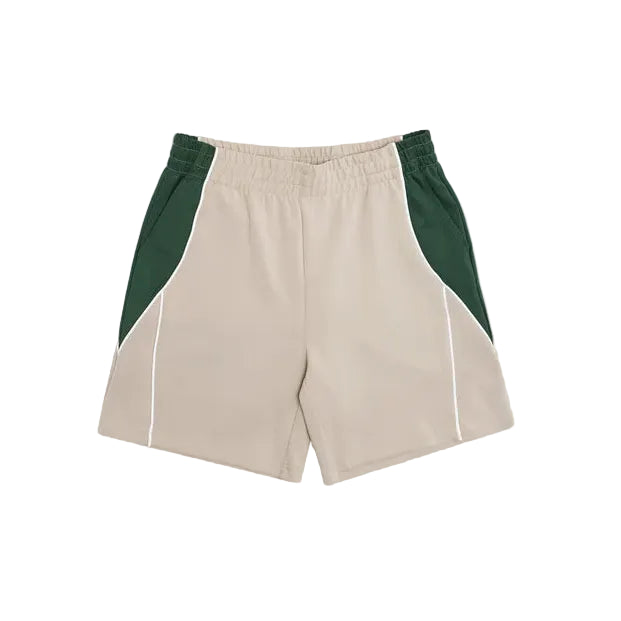 Beige shorts with green accents on a white background