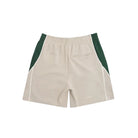 Beige shorts with green accents on a white background