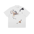 White shirt with bird graphic design on a white background