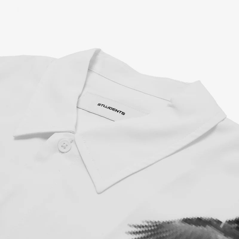 White shirt collar with a brand logo on a white background