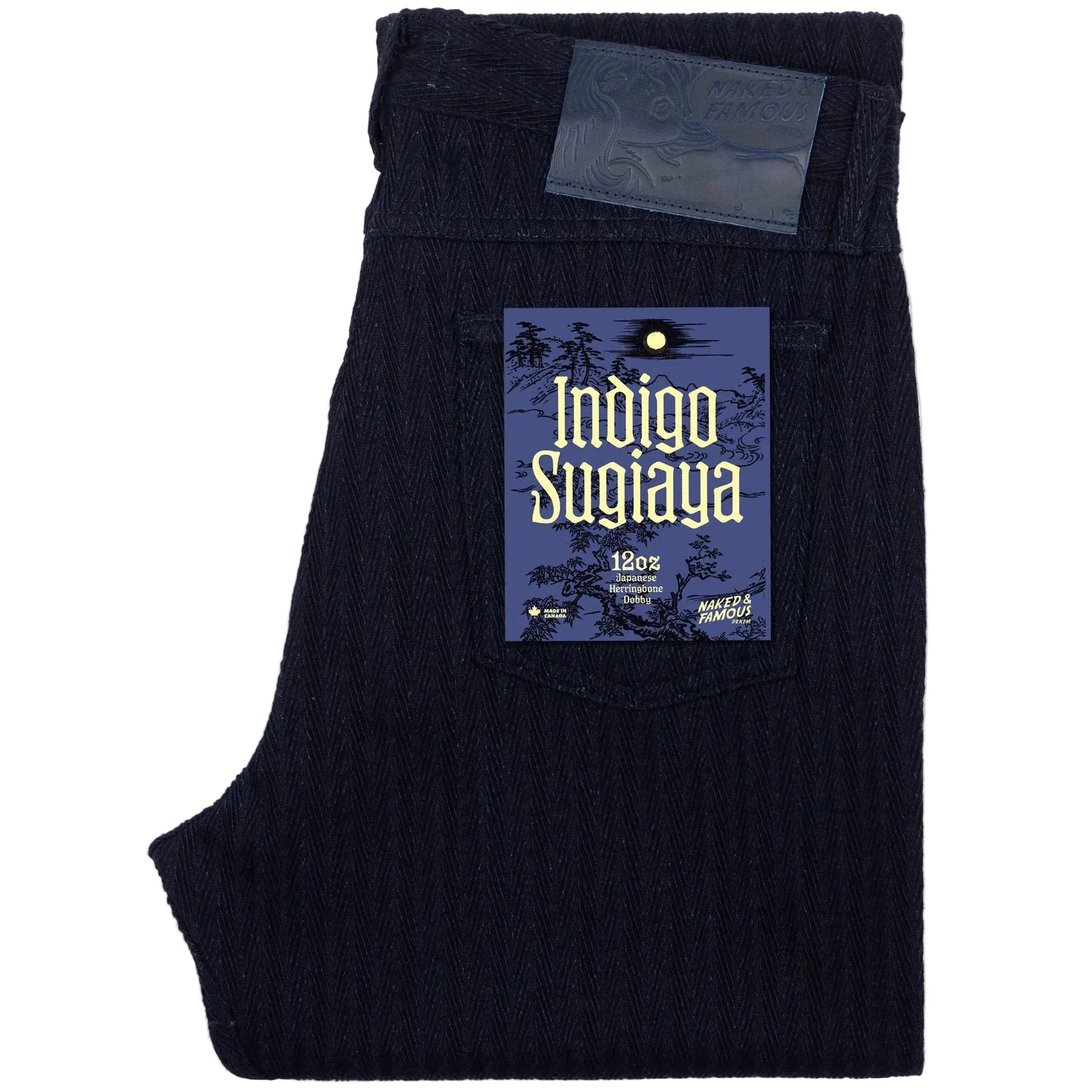 Indigo pants with a visible brand label on a white background
