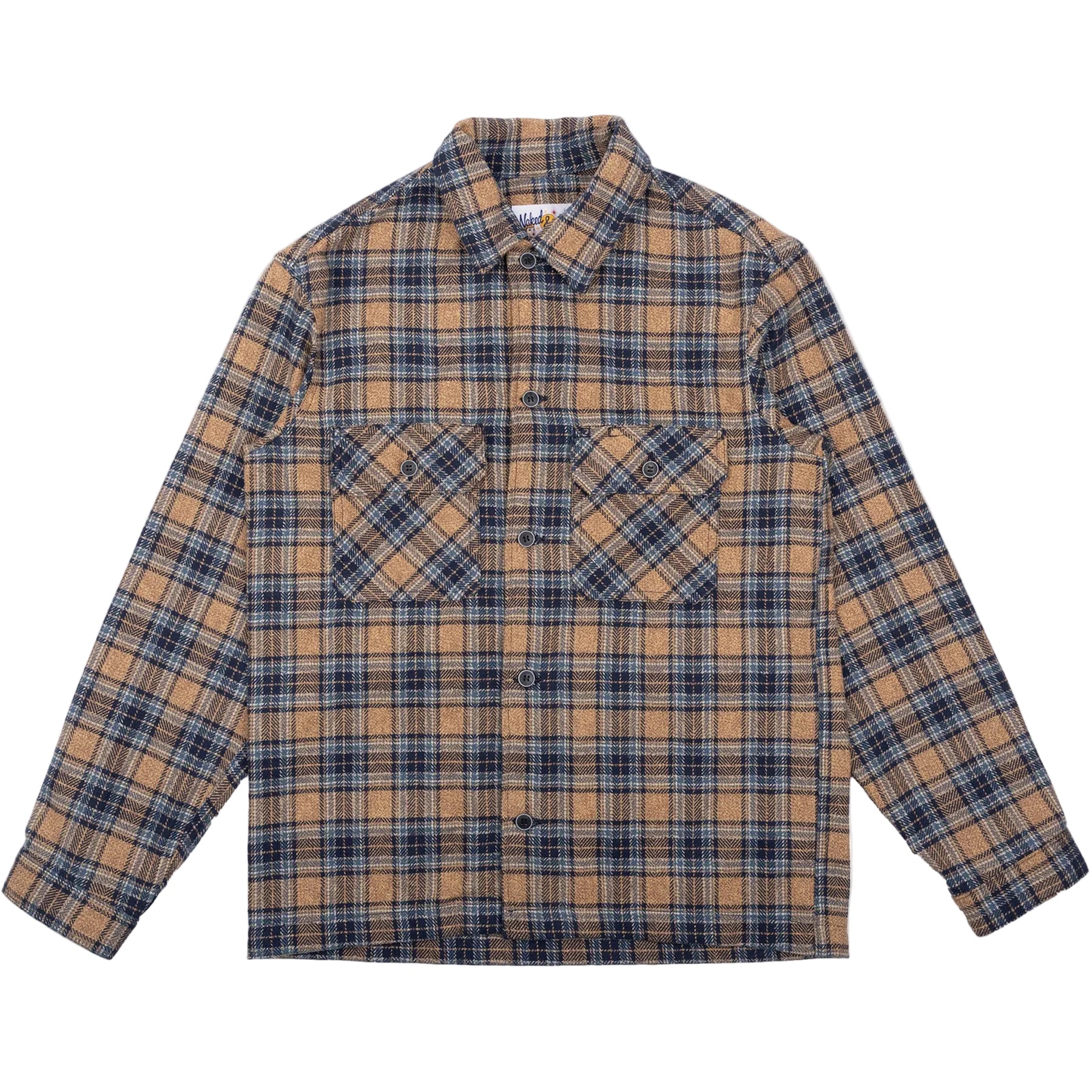 Plaid shirt with brown and blue pattern on a white background