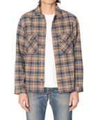 Man wearing a plaid shirt over a white t-shirt on a white background