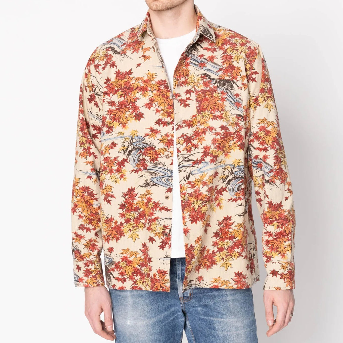 Man wearing a floral patterned shirt on a white background