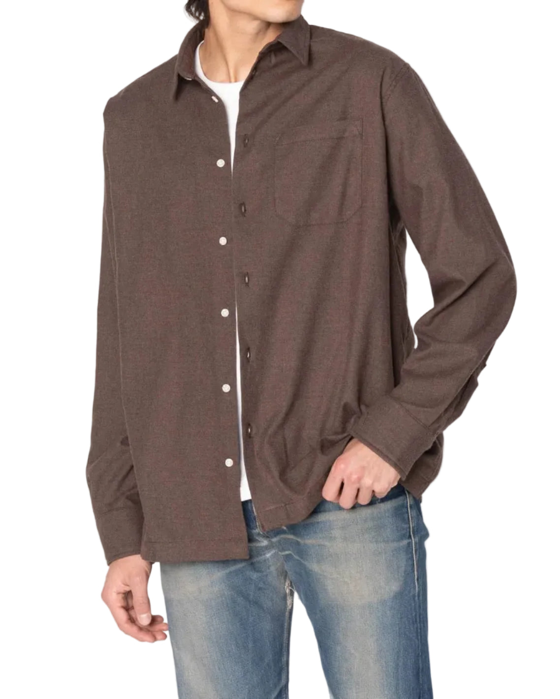 Man wearing a brown button-up shirt and blue jeans against a white background