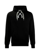 Black hoodie with a unique design on the hood against a white background