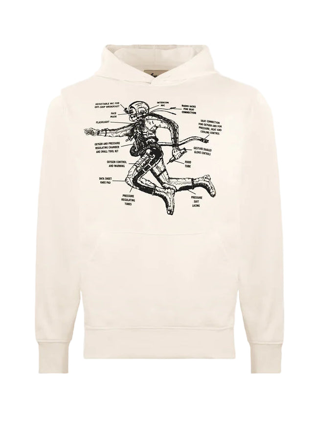 Beige hoodie with black skeleton design on a white background