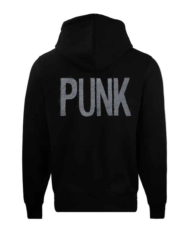 Black hoodie with 'PUNK' text on the back against a white background