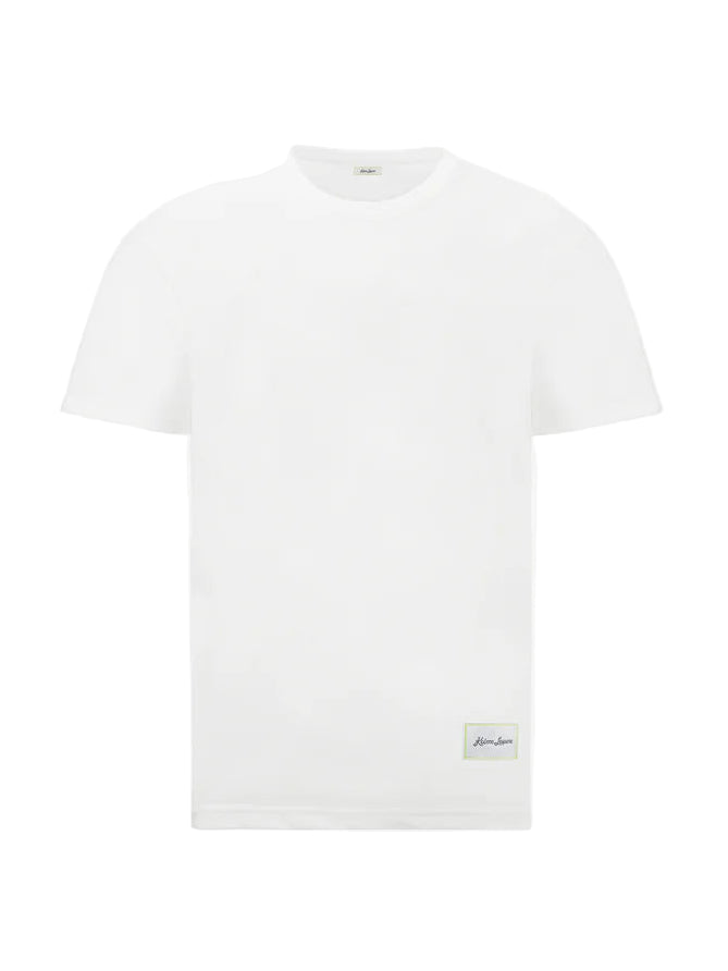 White t-shirt with a small logo on a white background