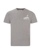 Gray t-shirt with a white logo on a white background
