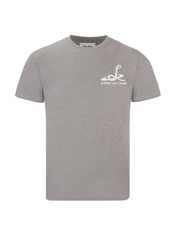 Gray t-shirt with a white logo on a white background