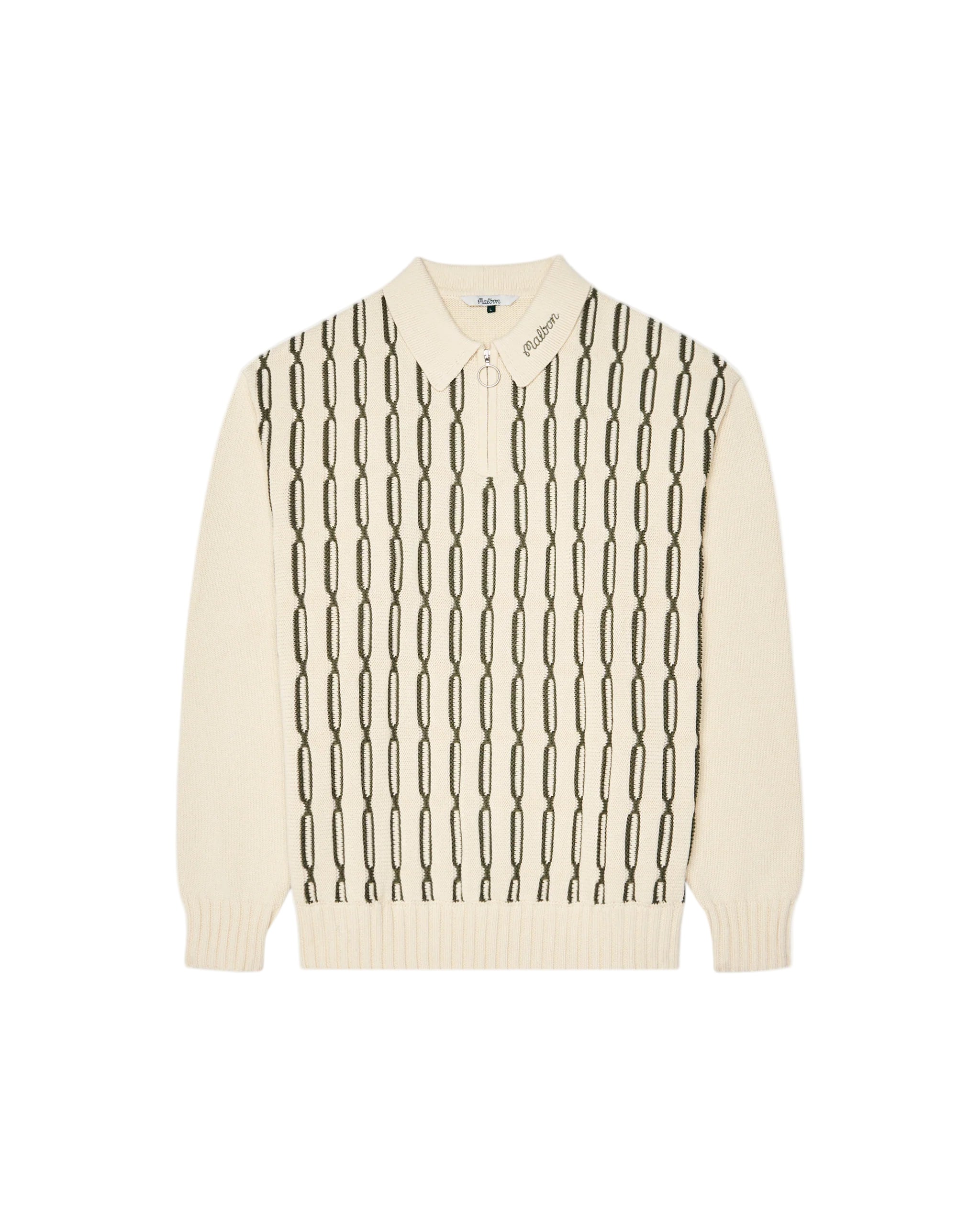 Cream-colored sweater with black geometric pattern on a white background
