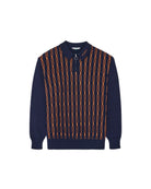 Navy blue and orange polo sweater on a white background