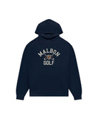 Navy blue hoodie with 'Malbon Golf' logo on a white background