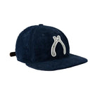 Navy cap with white text on a white background