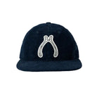 Navy blue cap with a white logo on a white background