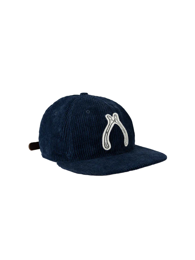 Navy blue cap with a white logo on a white background