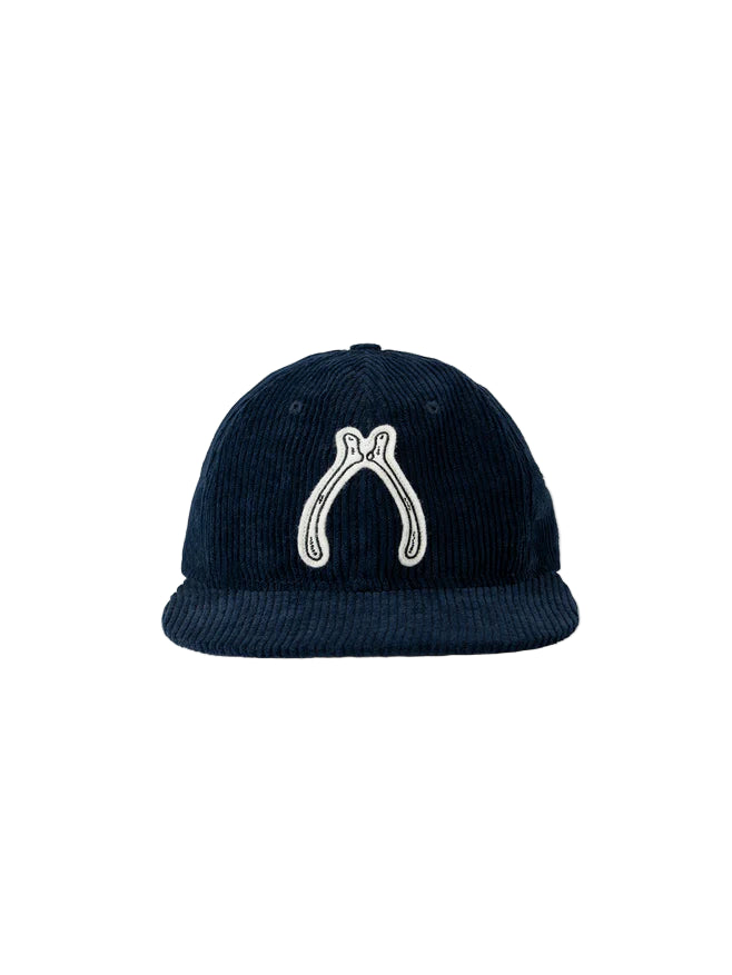 Navy blue cap with a white emblem on a white background