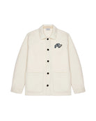 White jacket with black buttons and a logo on a white background
