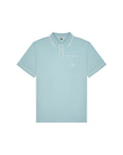 Light blue polo shirt with white trim on a white background