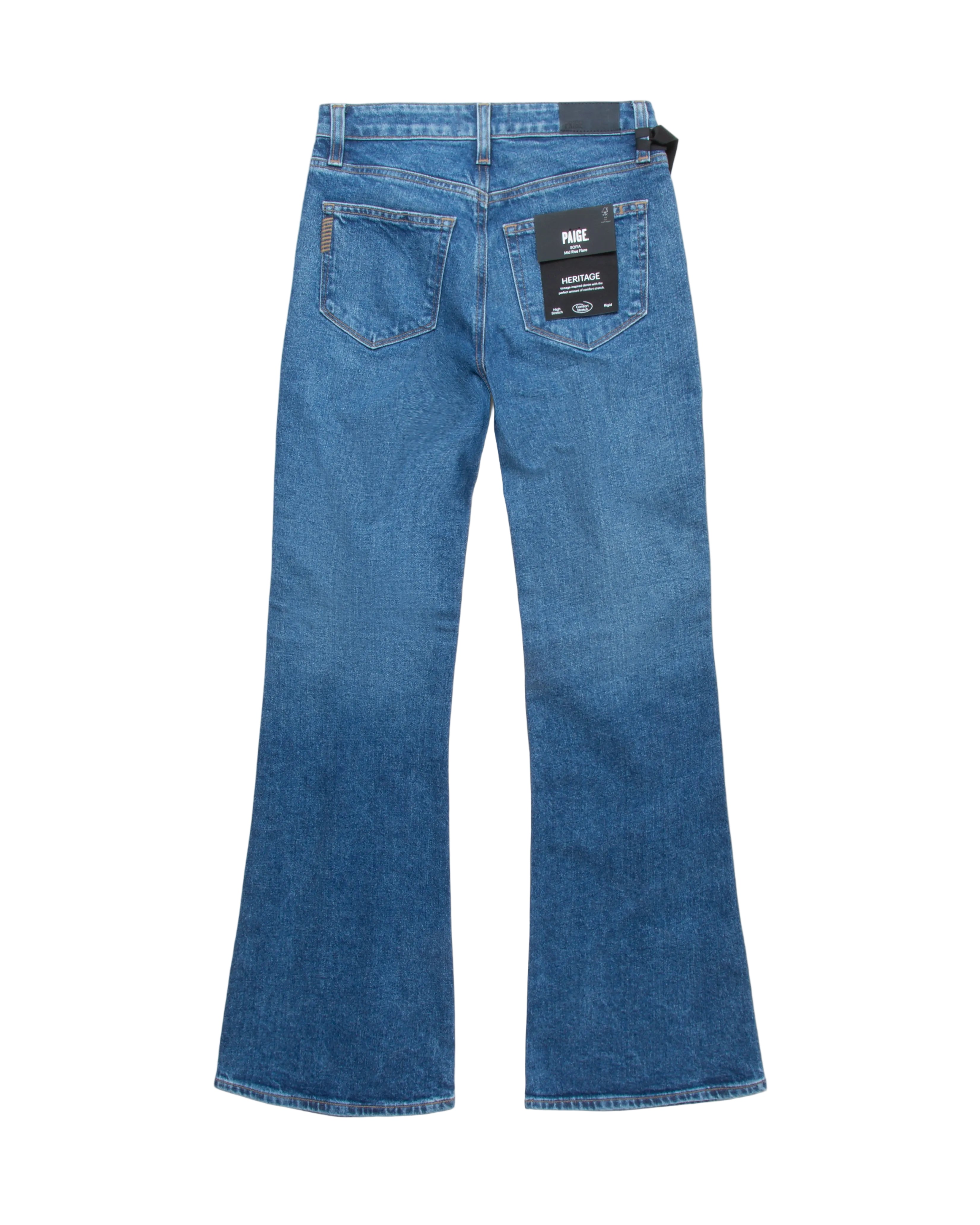 Blue jeans with a brand label on the back pocket against a white background