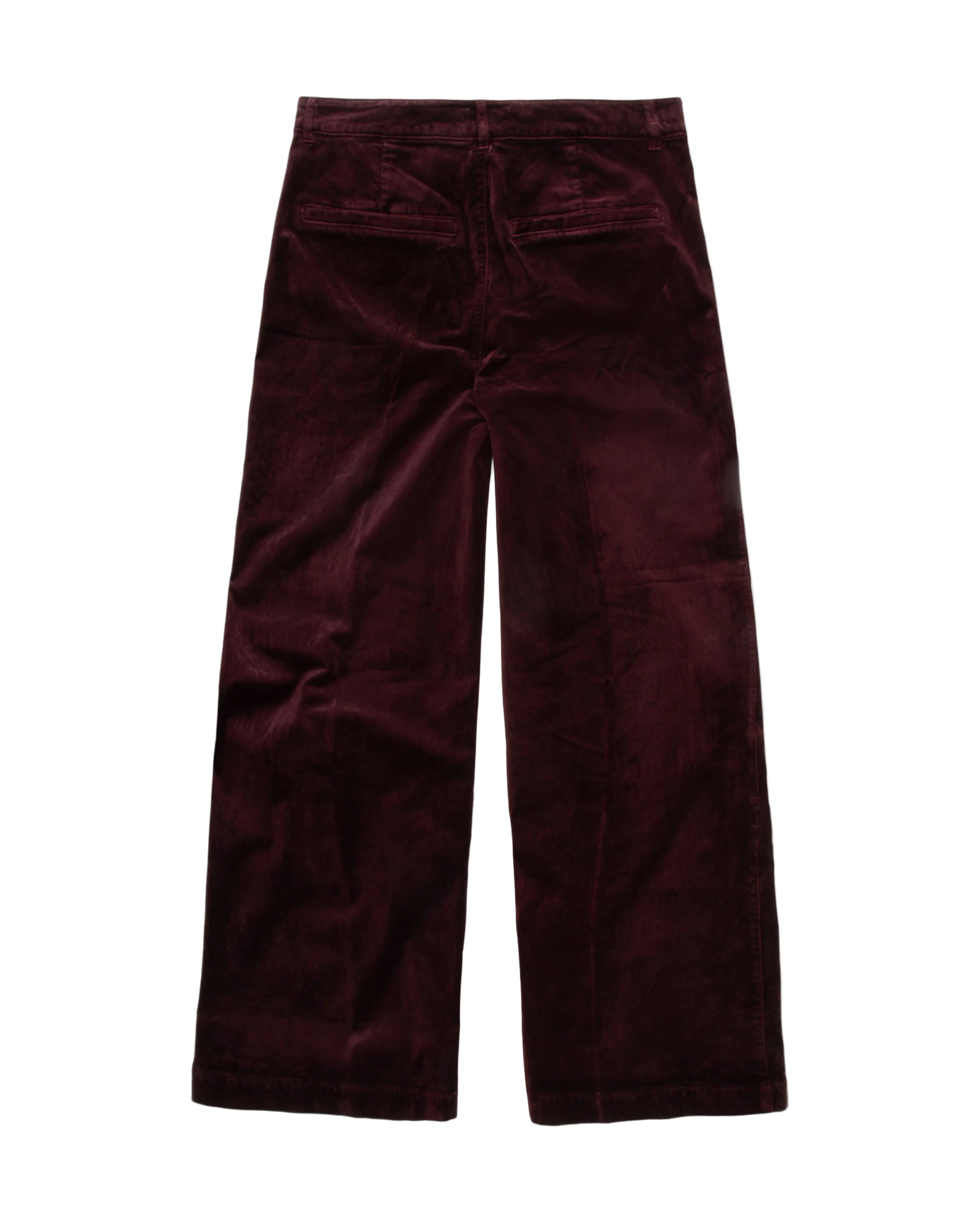 Maroon velvet pants on a white background