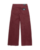 Maroon pants with a brand label on a white background