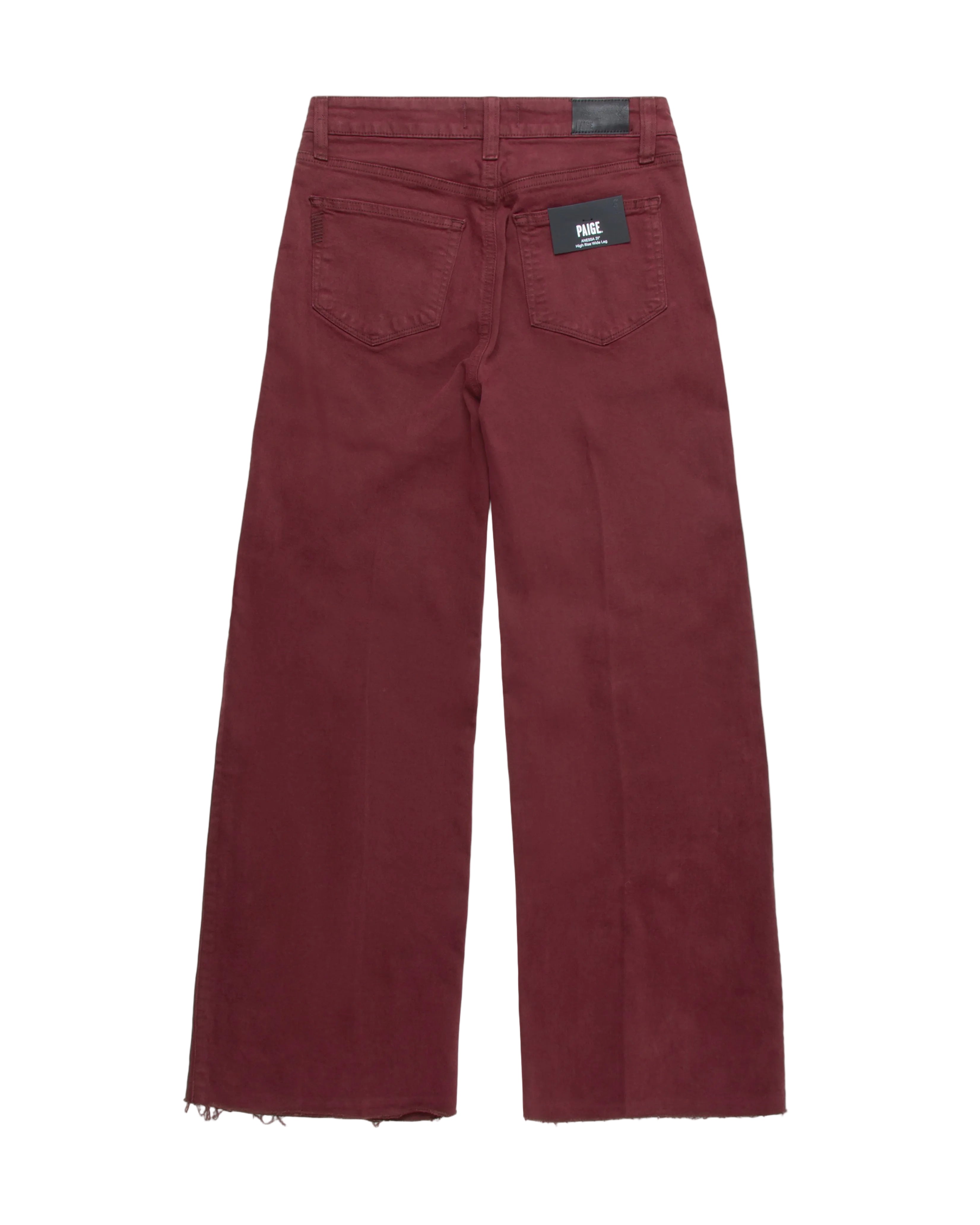Maroon pants with a brand label on a white background