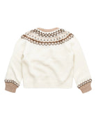 White sweater with brown lace details on a white background