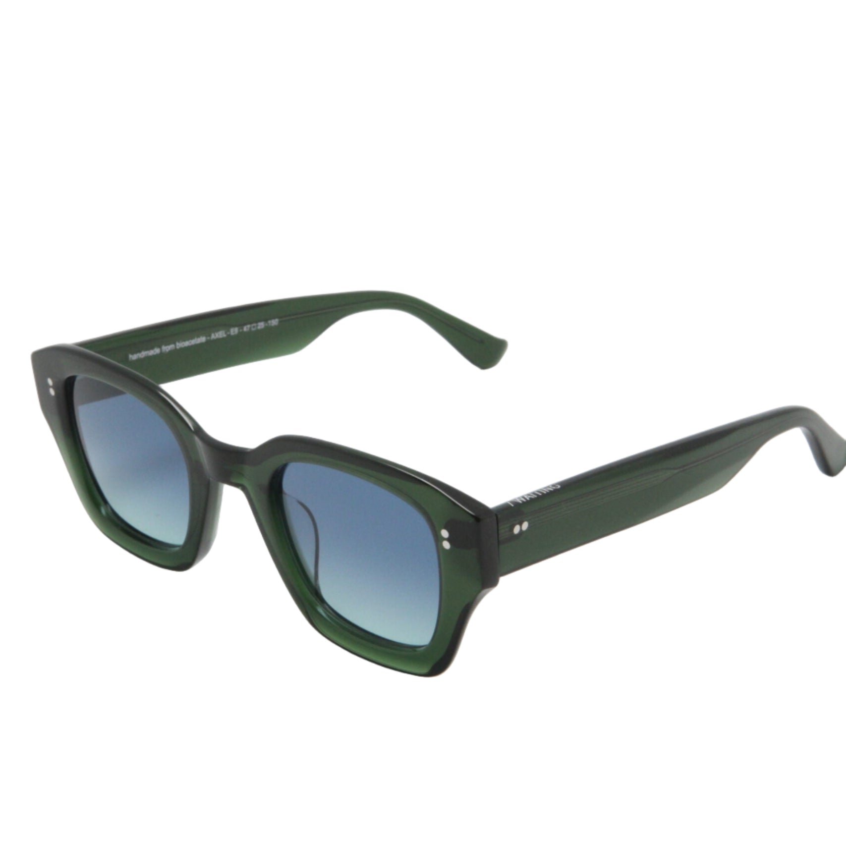 Green sunglasses with blue gradient lenses on a white background
