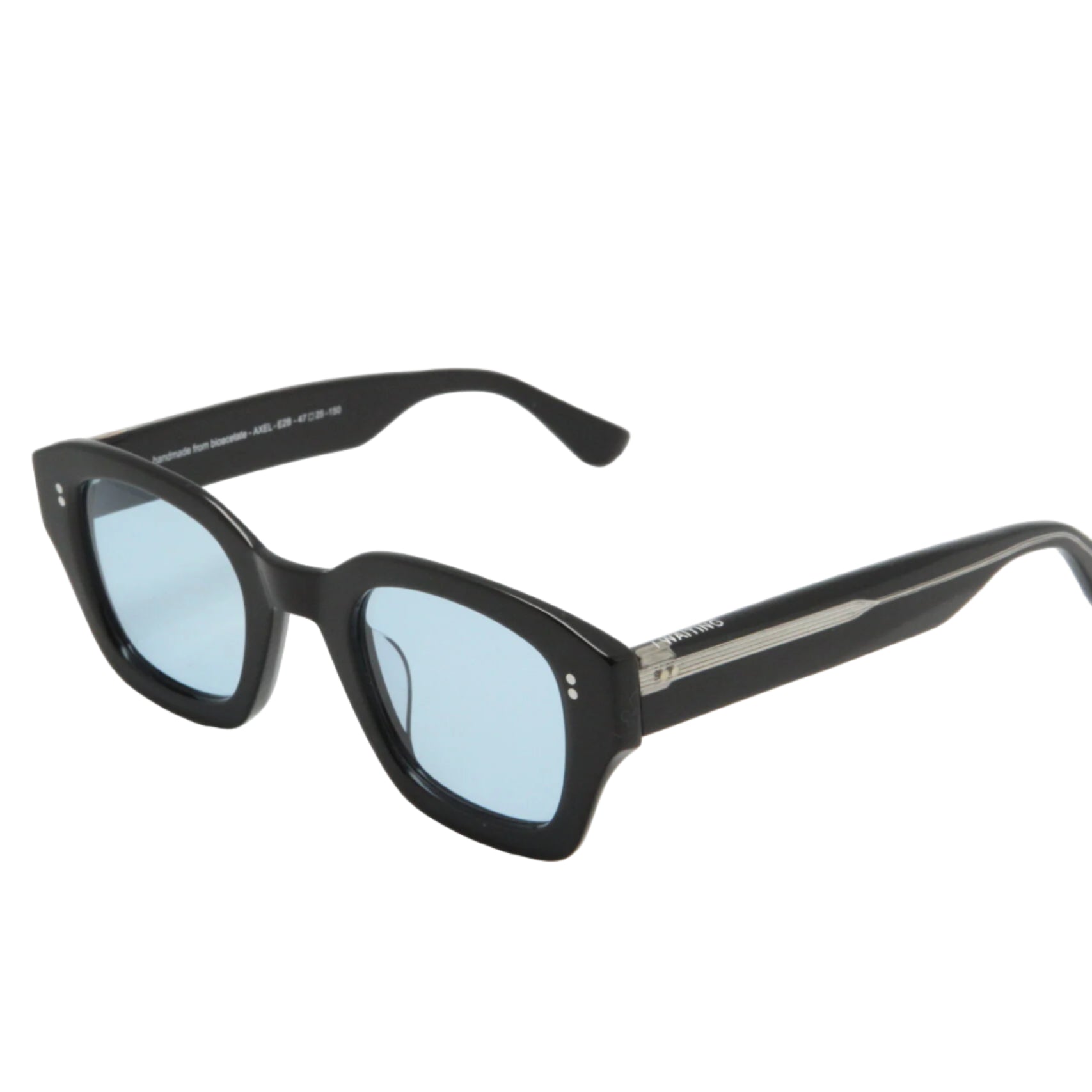 Black sunglasses with light blue lenses on a white background