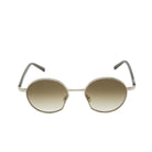 Round sunglasses with gold frame and gradient lenses on a white background