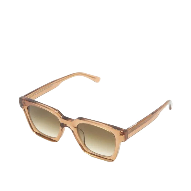 Sunglasses with a brown frame and gradient lenses on a white background