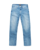 Light blue denim jeans on a white background