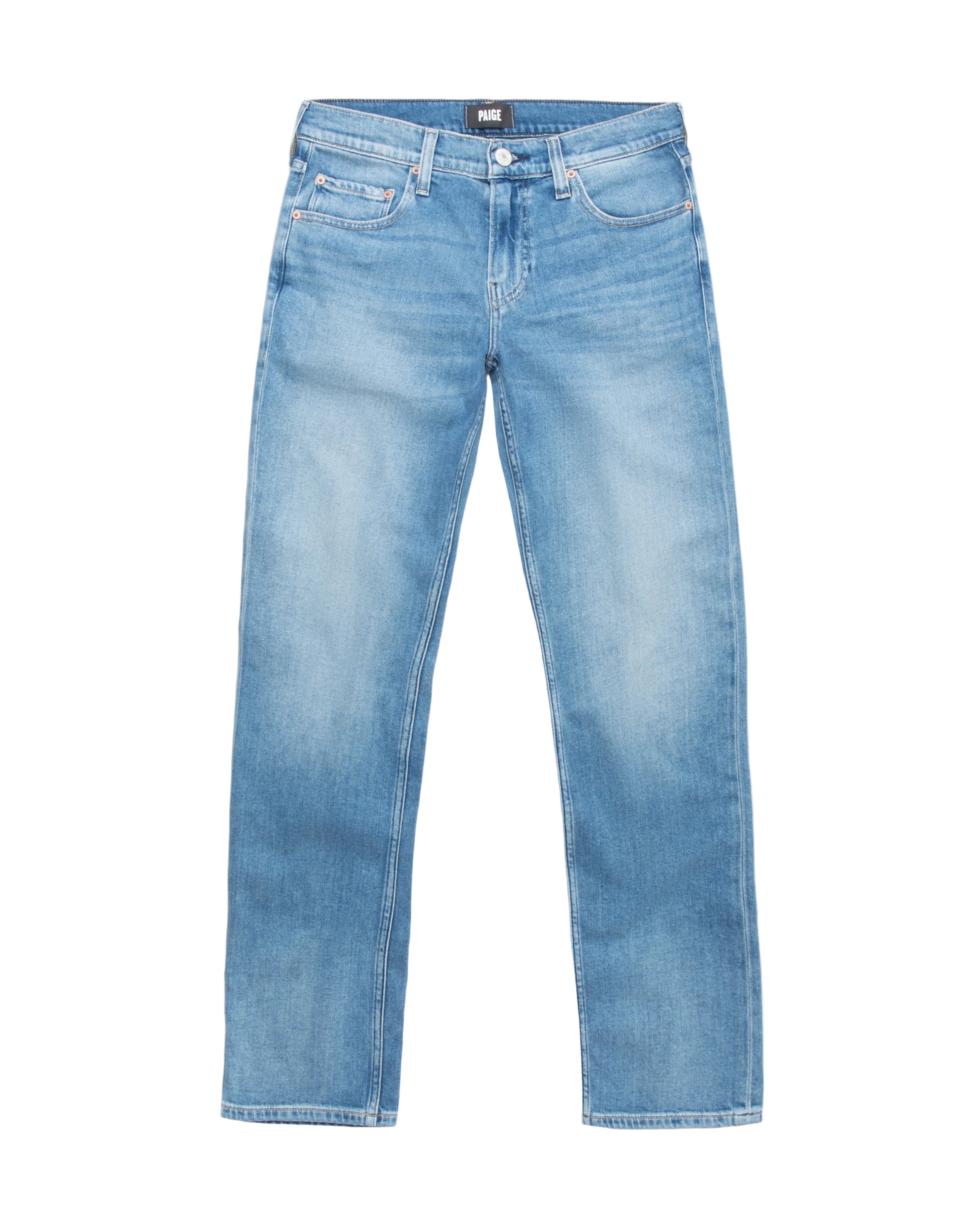 Light blue denim jeans on a white background