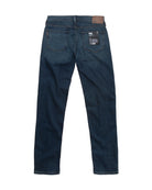 Back view of dark blue jeans on a white background