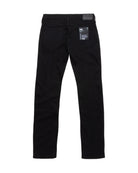 Black jeans with a brand label on a white background