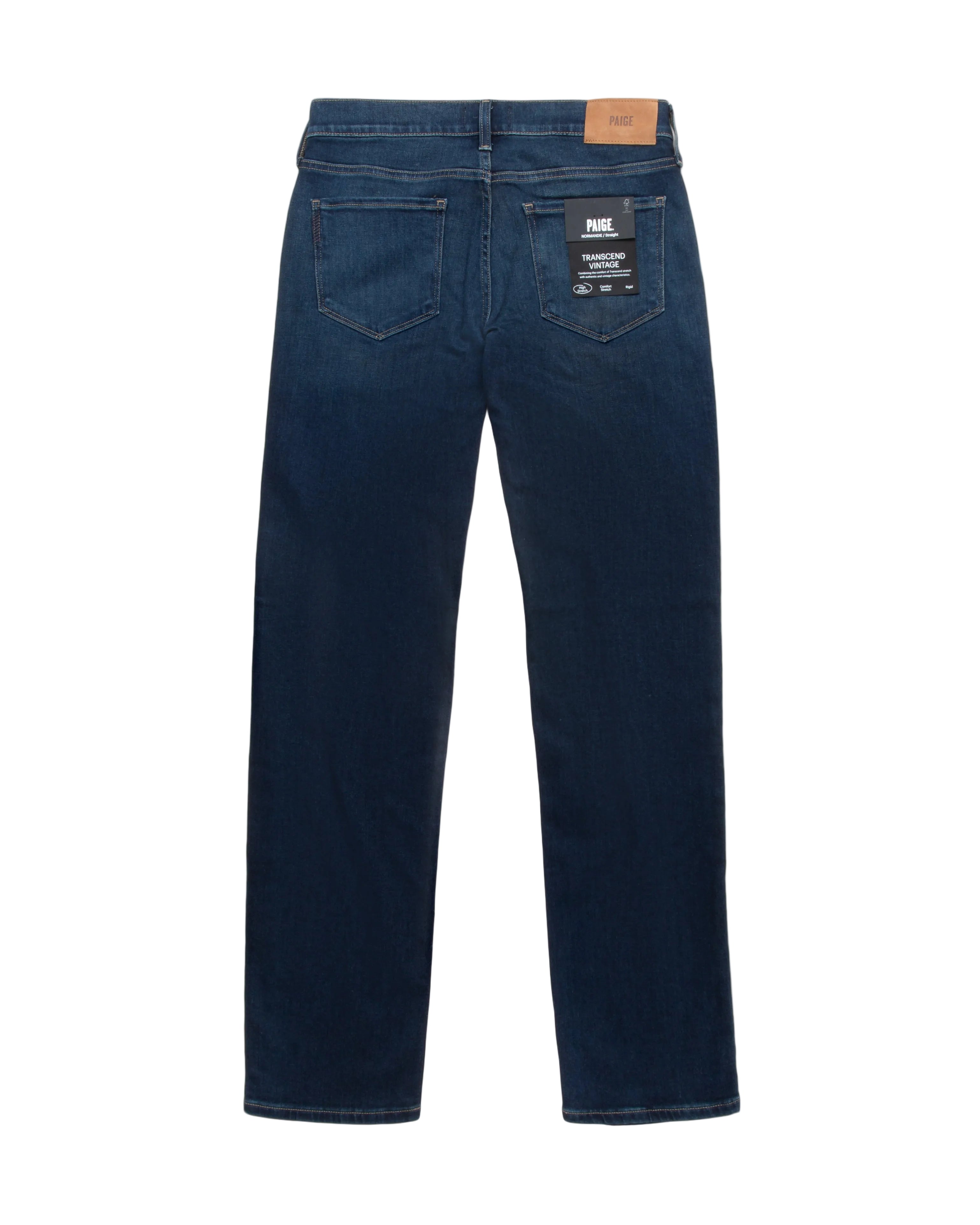 Blue jeans with a brand label on a white background