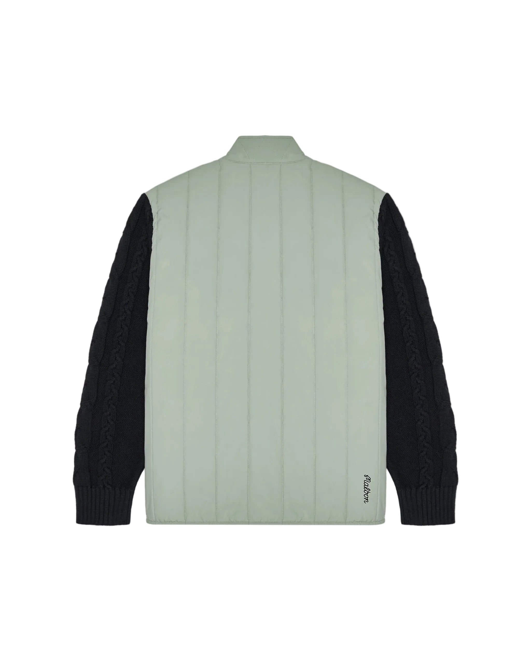 Light green quilted jacket with black sleeves on a white background