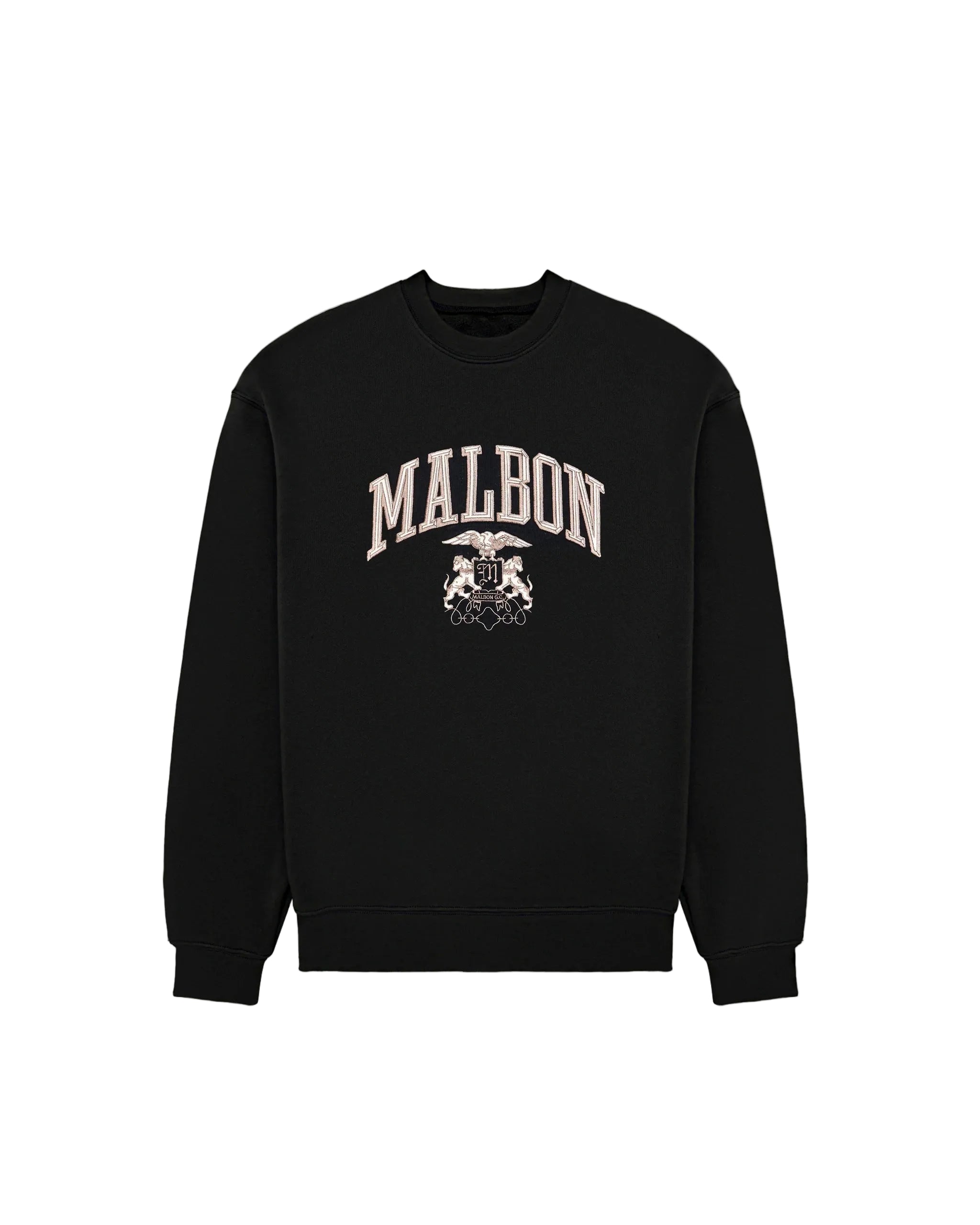 Black sweatshirt with 'MALBON' text on a light gray background