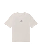 Beige t-shirt with a small logo on a white background