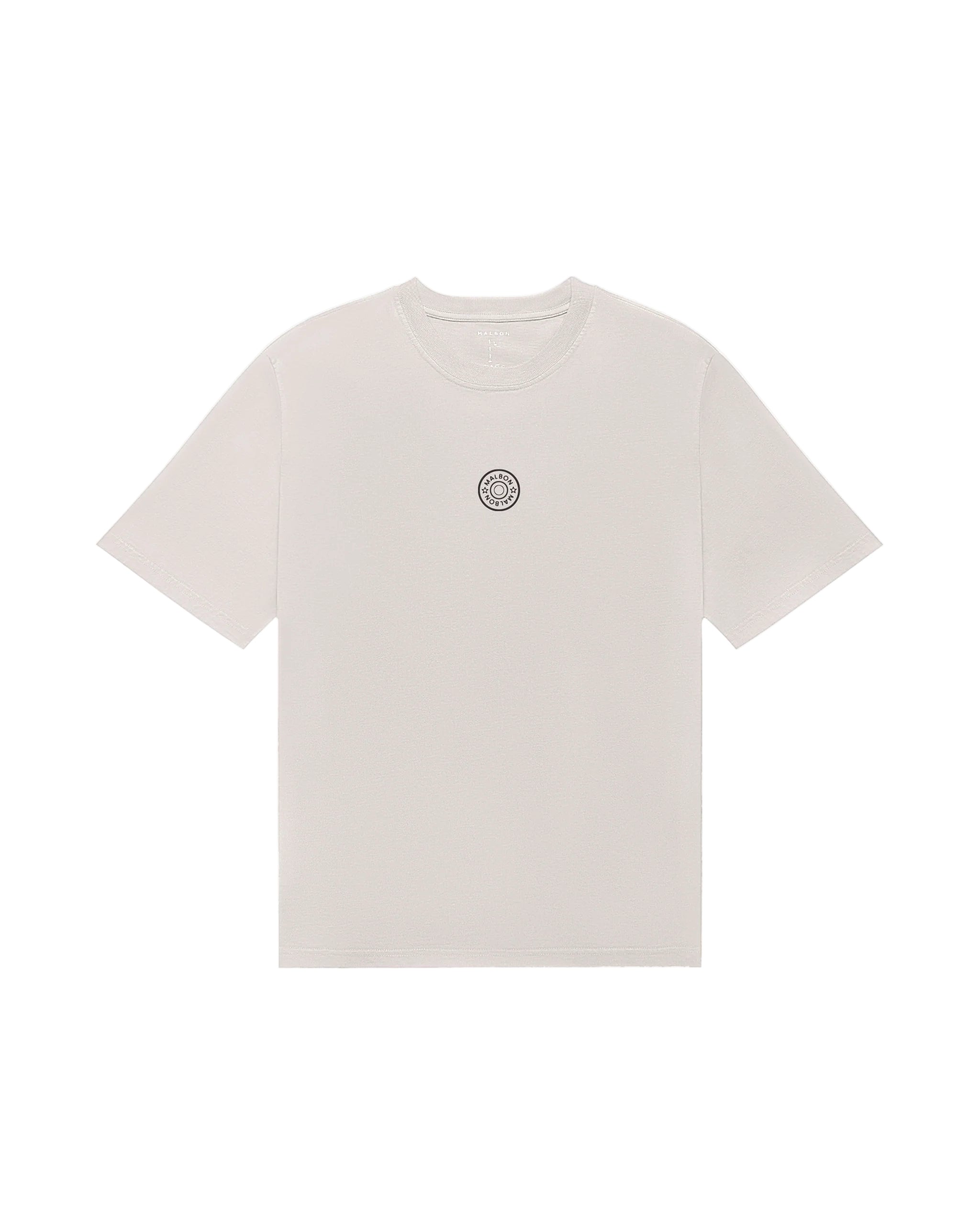 Beige t-shirt with a small logo on a white background