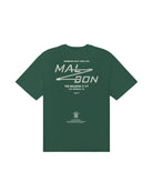 Green t-shirt with white text and graphics on a white background