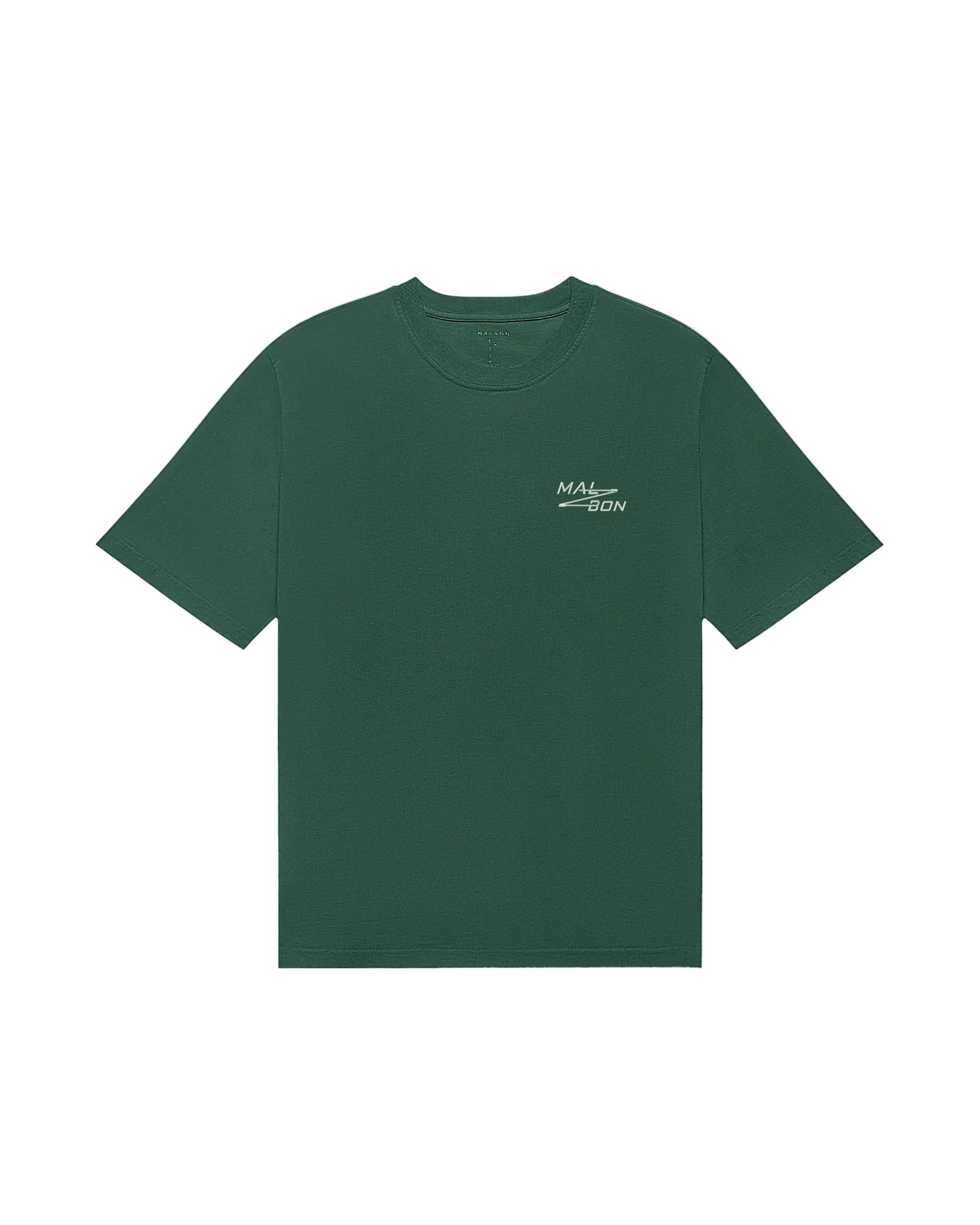 Green t-shirt with a small logo on a white background