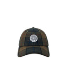 Plaid patterned cap with a logo on a white background