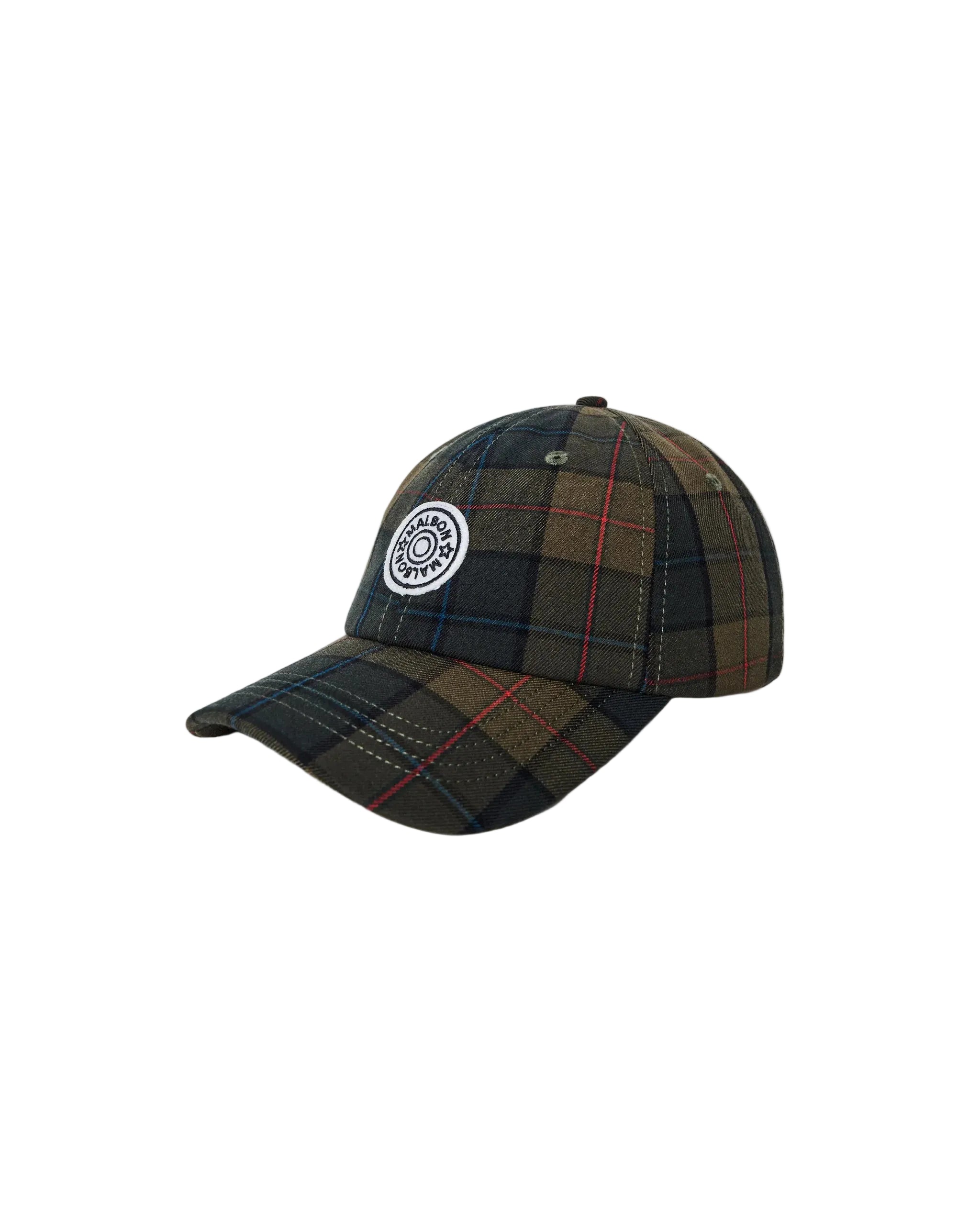 Plaid patterned cap with a logo on a white background