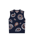 Navy blue vest with white and orange paisley pattern on a white background