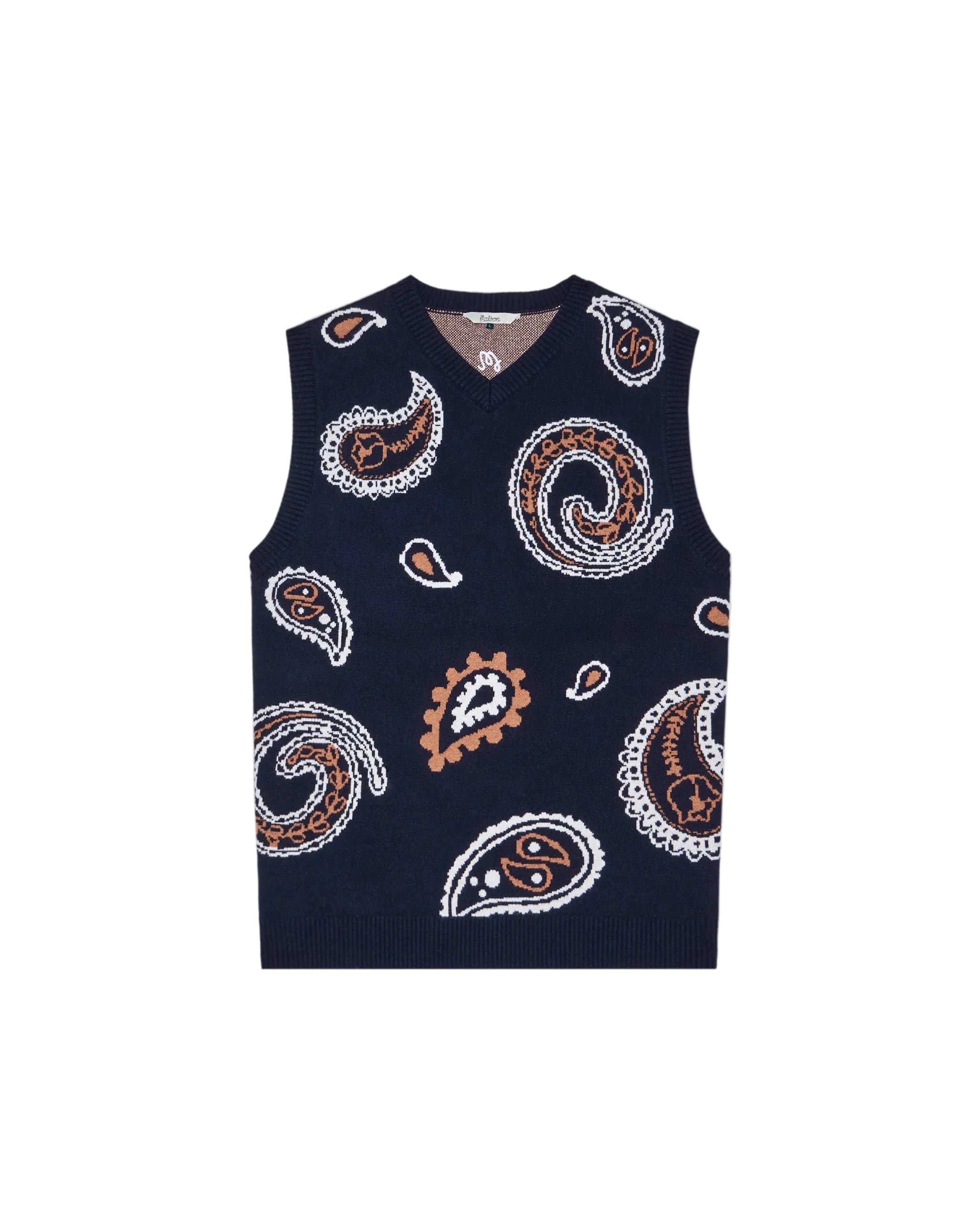 Navy blue vest with white and orange paisley pattern on a white background